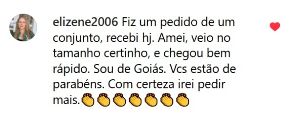 Comentário de cliente elizene2006 elogiando a compra de um conjunto, destacando a entrega rápida e o tamanho correto da peça.