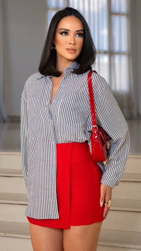 Camisa Leonina em Tricoline Risca de Giz