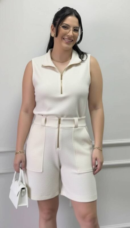 Conjunto Lisboa: Blusa e Bermuda em Malha Tweed