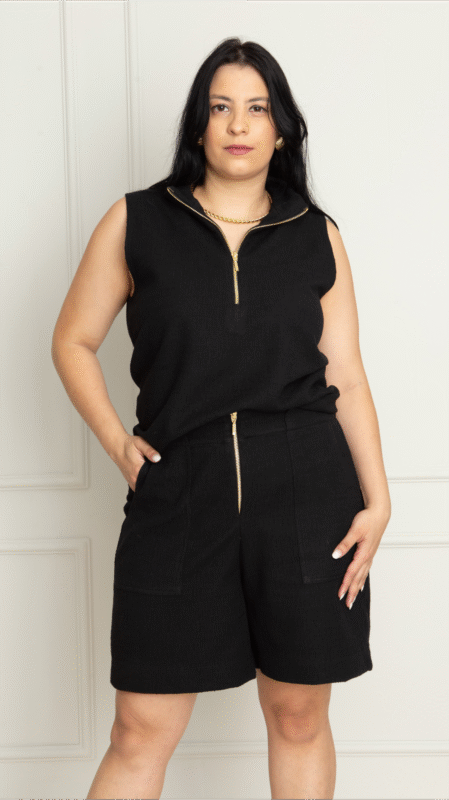 Conjunto Lisboa: Blusa e Bermuda em Malha Tweed