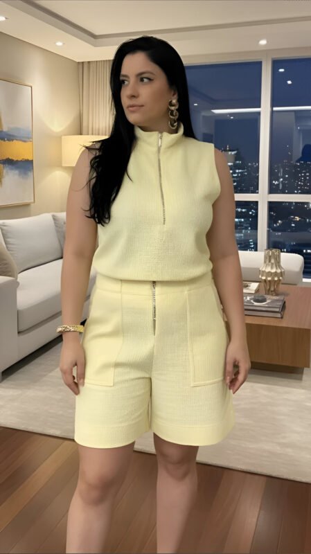 Conjunto Lisboa: Blusa e Bermuda em Malha Tweed