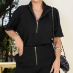 Conjunto London (Londres): Calça e Blusa Malha Tweed - Preto