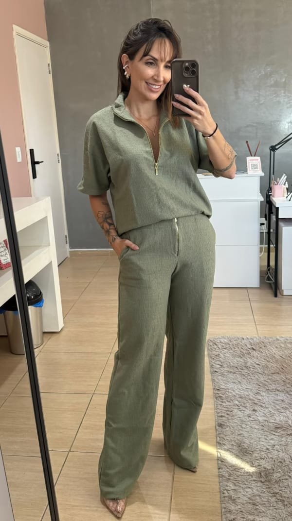 Conjunto London (Londres): Calça E Blusa Em Malha Tweed - Verde Militar