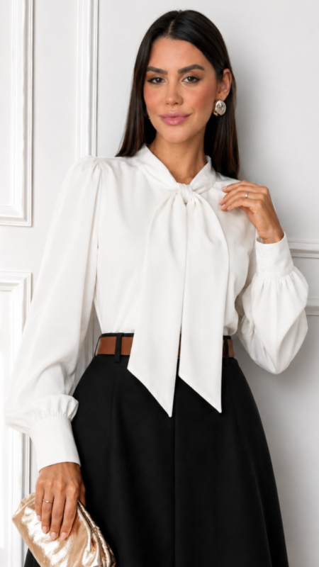 Blusa Ravena: Laço ou Gravatinha manga Longa com botões de Renda