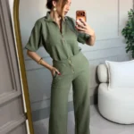 Conjunto London (Londres): com calça e blusa em malha tweed de algodão - Verde Militar