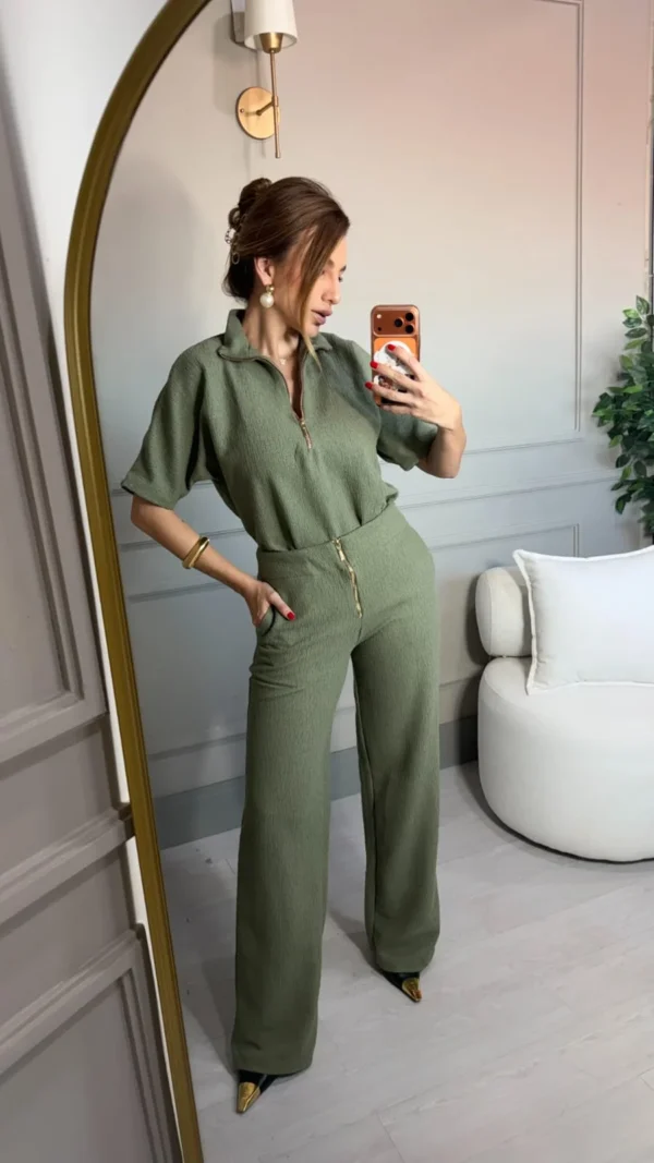 Conjunto London (Londres): com calça e blusa em malha tweed de algodão - Verde Militar
